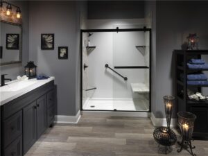 Modern walk-in shower vs tub layout with accessibility features and corner bench