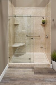 Walk-in shower with high-tech polymer base and slip-resistant flooring installed by HomeView USA