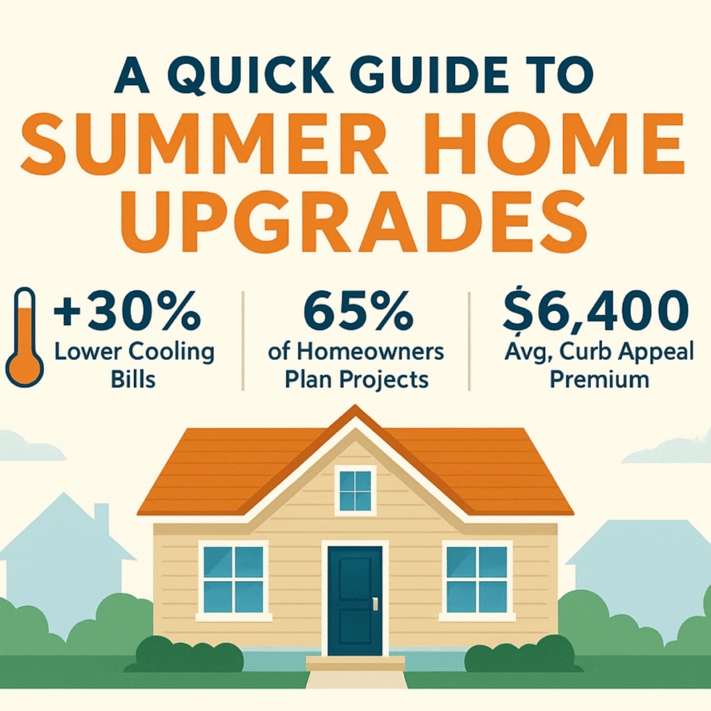 Infographic showing a house and key summer home upgrade stats, including lower cooling bills, homeowner project trends, and average curb appeal value.